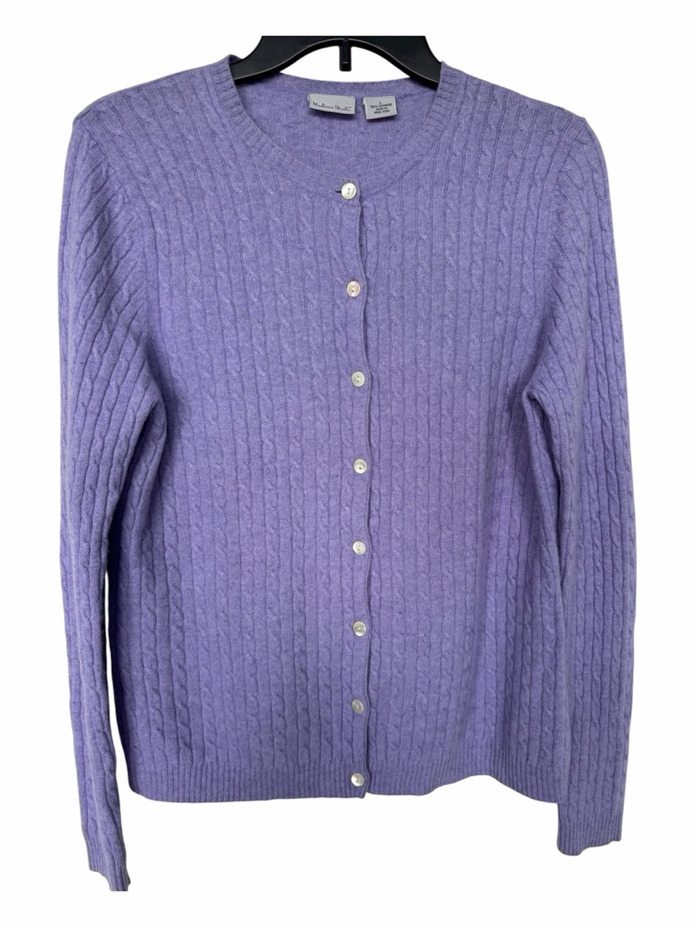 ✅ Madison Studio Purple Cable Knit Crewneck buttoned Cardigan 100% cashmere sz L